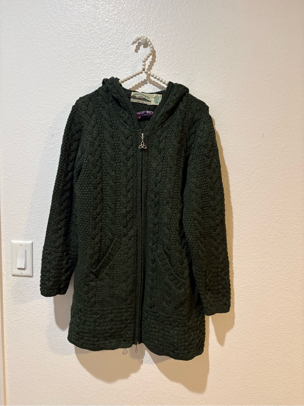 Aran Crafts Small Dark Green Hooded Cable Knit Trench Coat